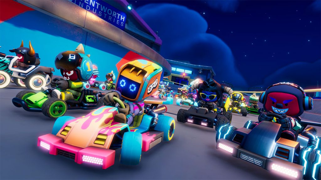 A screenshot from Stampede: Racing Royale. Cartoony racers  fly towards the camera wearing all manner of fun outfits.