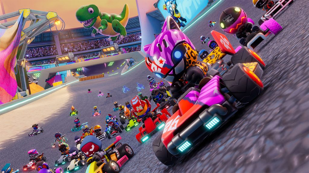 A screenshot from Stampede: Racing Royale. Cartoony racers fly towards the camera wearing all manner of fun outfits.