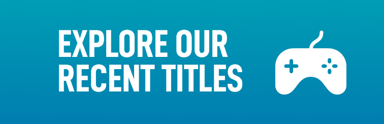 A blue rectangle with text that reads 'Explore our recent titles'