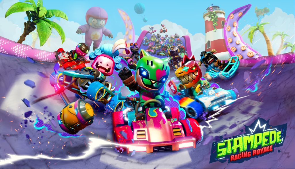 Cartoon racers zoom towards the camera including one with a cat helmet, one with a dinosaur helmet and one with a Powdered Wig. In the background, tentacles and giant inflatable characters emerge from a track. In the corner, it reads Stampede: Racing Royale.