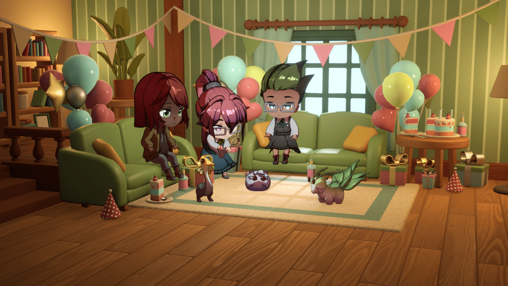 An in-game screenshot from Critter Cafe which features three characters sat with a bunch of cute, mystical critters. They are surrounded by colourful bunting and balloons and seem to be celebrating.