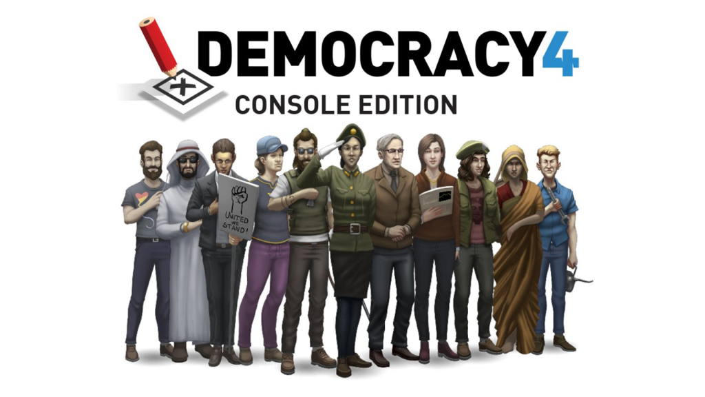 Text reads: Democracy 4: Console Edition key art. Beneath the text, a group shot of cartoonified characters, including government officials, workers and citizens stand in a line.