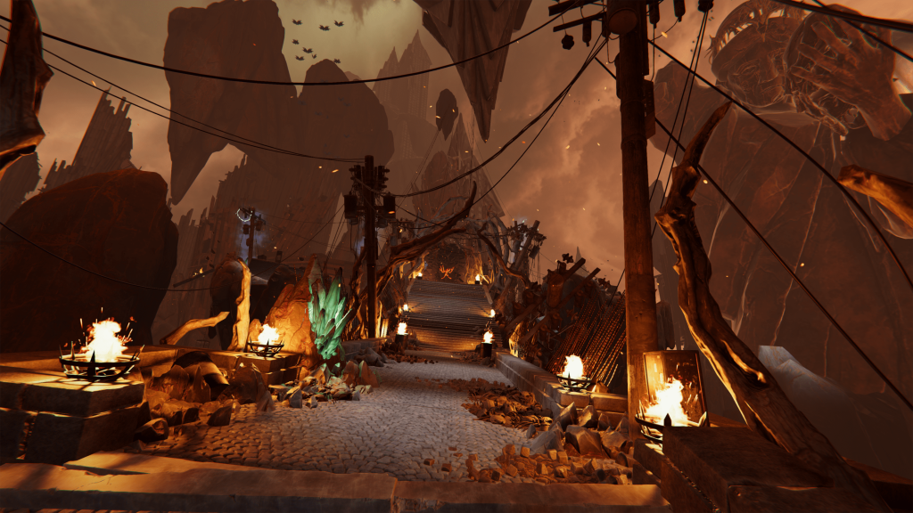 An in-game still from Metal: Hellsinger VR. A world of rocks and stones is illuminated by vibrant orange fire as the camera looks directly towards a flight of stone stairs and into a fiery lair.