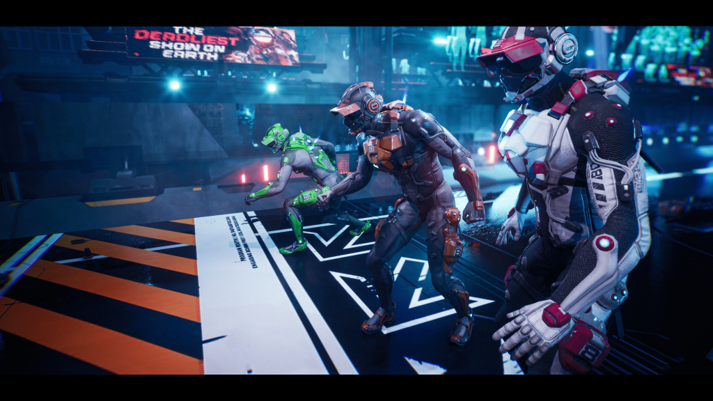 Three futuristic-looking humanoids line up at the starting line. They are all poised to run for their lives.