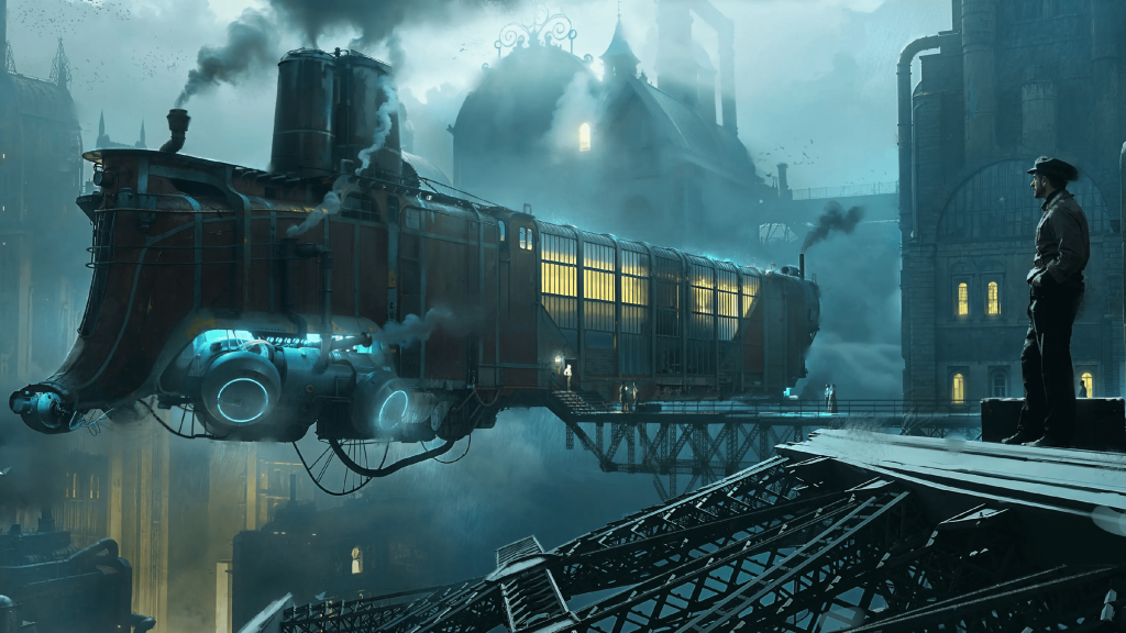 A screenshot of Project Rainfall. In the midst of smoke and haze, a steampunk-esq train hovers as passengers disembark in the distance. In the foreground, a man in a flatcap looks on.