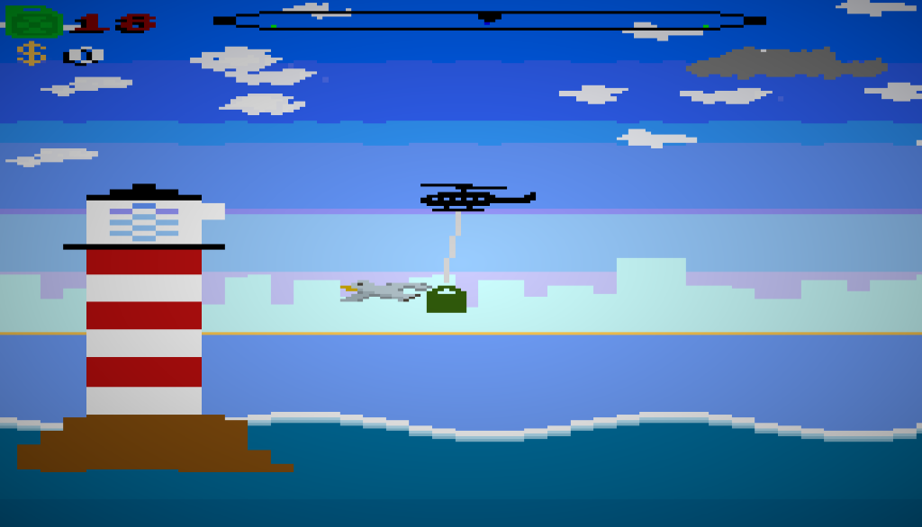A screenshot from Oil Strike '75. The style is 8-bit, and the image is of a helicopter delivering goods to a red and white lighthouse. There are clouds in the sky and it looks like a beautiful day.