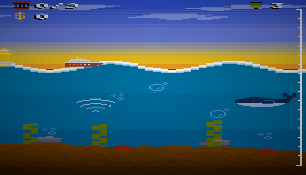 A screenshot from Oil Strike '75. The style is 8-bit, and the image is under the water and shows a sonar, a whale and the sunset in the background.
