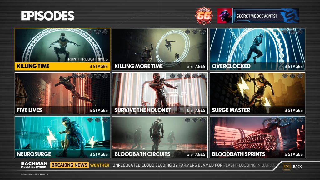 An in-game still from DEATHSPRINT 66's PvE menu. Showing nine different 'Episodes' for players to get involved in, each indicated by a thumbnail which shows in-game action from each mode. 