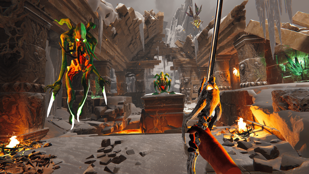 An in-game still from Metal: Hellsinger VR. The interior of a once grand castle structure is crumbling as fire engulfs the scenery. Two creatures with glowing eyes and tentacles face the player as they wield a sword prepared for battle.