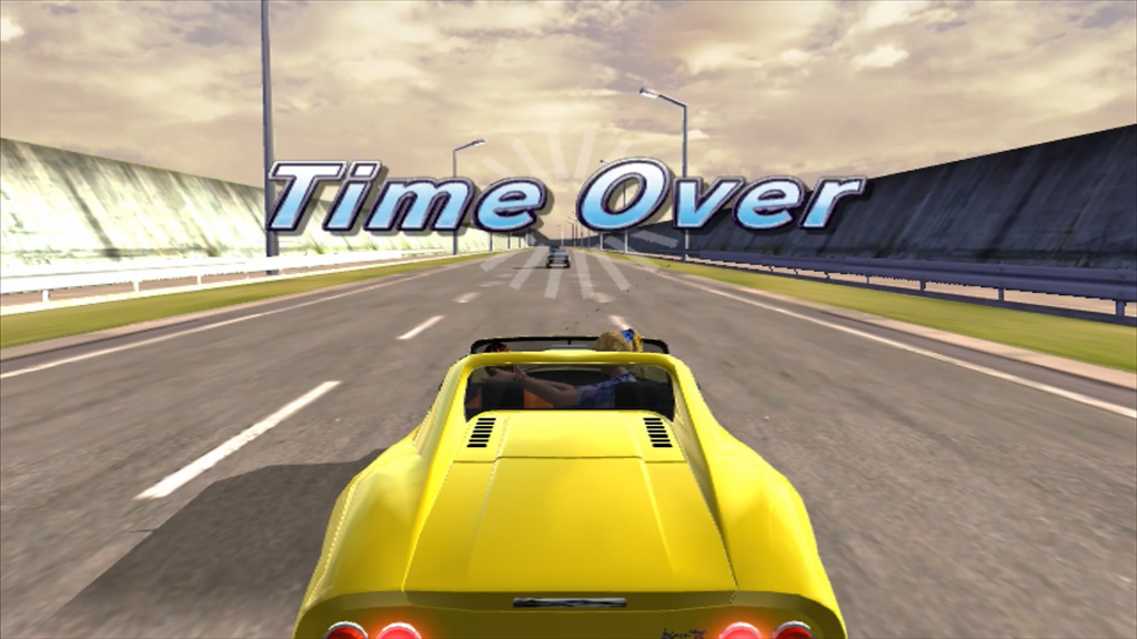 A screenshot from OutRun 2: Coast 2 Coast. A yellow car is stopped in the middle of the road, with an overlay of text reading TIME OVER!