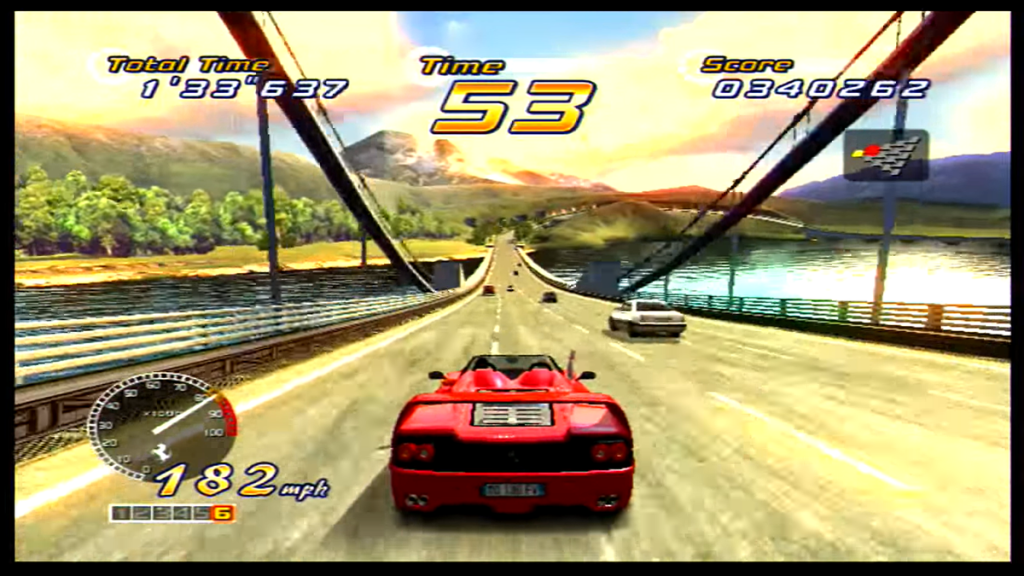 An in-game screenshot of OutRun 2 for Xbox. A red car cruises across a bridge as the sun sets.