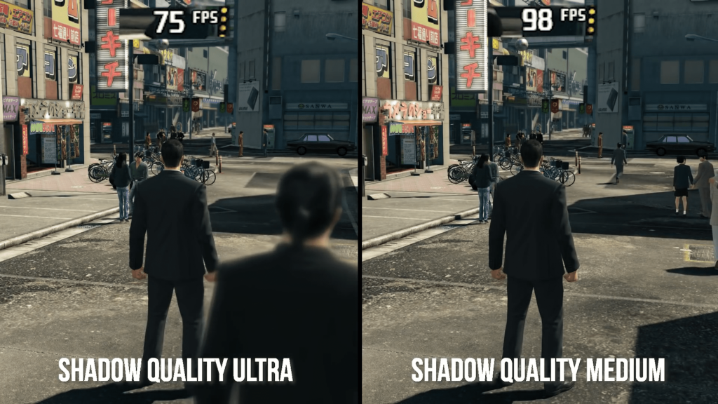 Two almost identical screenshots from Yakuza 0 - comparing the shadow quality in different FPS on PC.