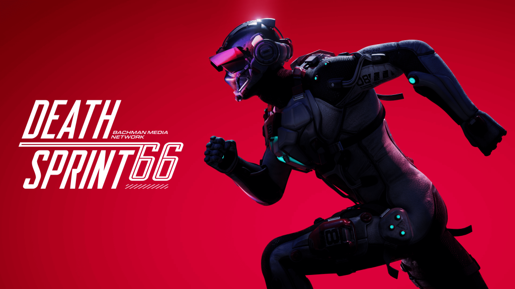 The Key Art for DEATHSPRINT 66. On a red background, an armored racer is running towards the left of the image, in front of him reads DEATHSPRINT 66 in white font.