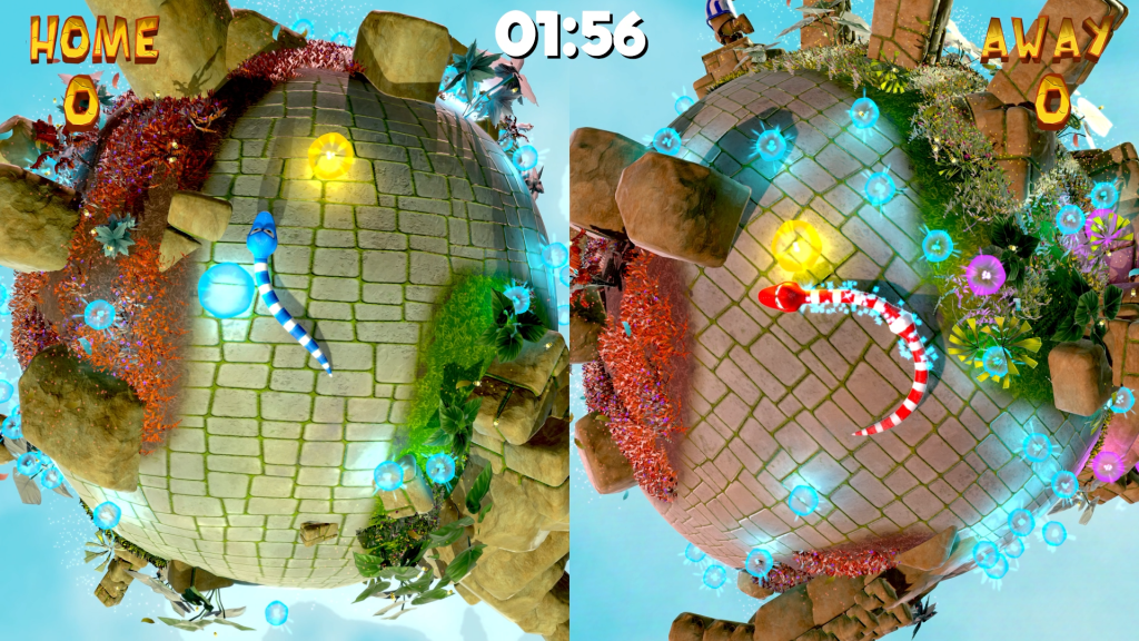 A screenshot from Snake Party. A split screen image with each featuring a 3D globe and two snakes traversing. On one side, the 'Home' team is represented by a blue and white snake, and the 'away' team by a red and white snake. It's currently a draw, and they have 1 minute and 56 seconds to go.