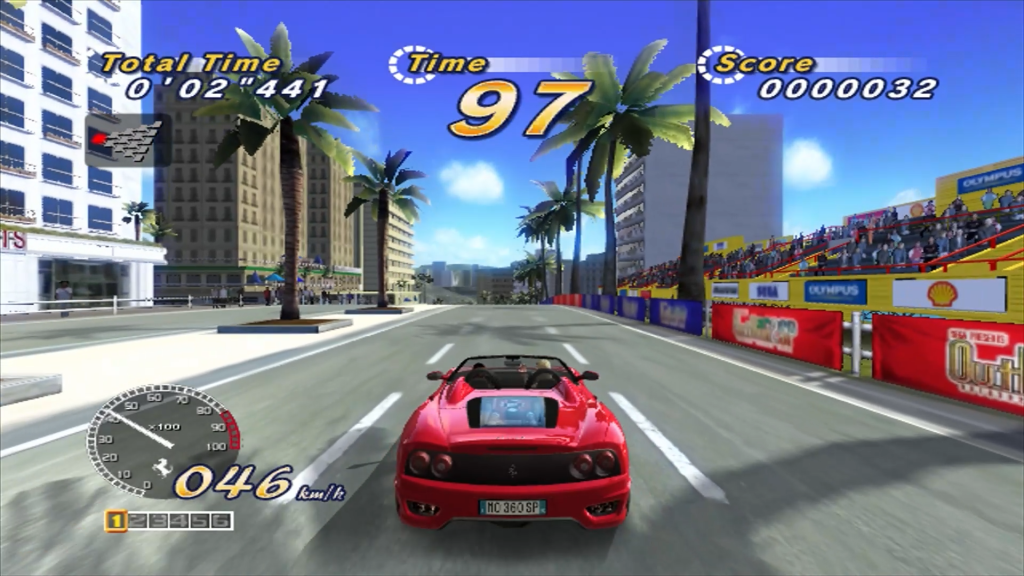 A screenshot from Outrun 2: Coast 2 Coast. A red Ferrari races through the streets of a sunny, palm tree-lined street. Crowds look on from the sidelines and the speed gauge reads 46 kmph.