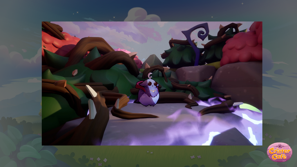 In an environment lit with purple glow sits a scared looking critter. They're surrounded by sharp vines and stare off past the camera as if looking for the brave player to rescue them.