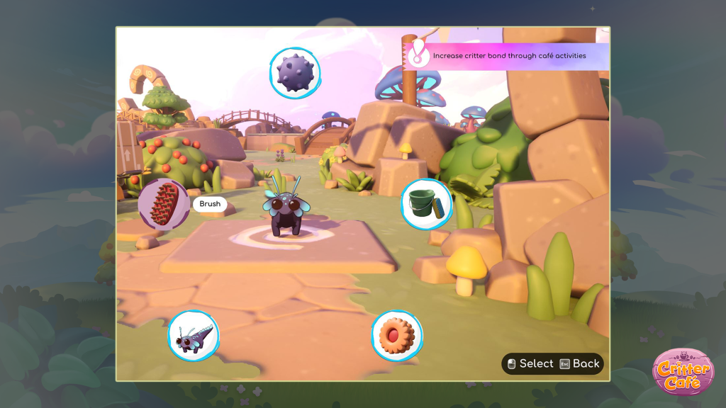 An in-game screenshot from Critter Cafe. A cute, semi-aquatic looking Critter is in the middle of the screen surrounded by pop up options to brush, pet, feed and wash them.