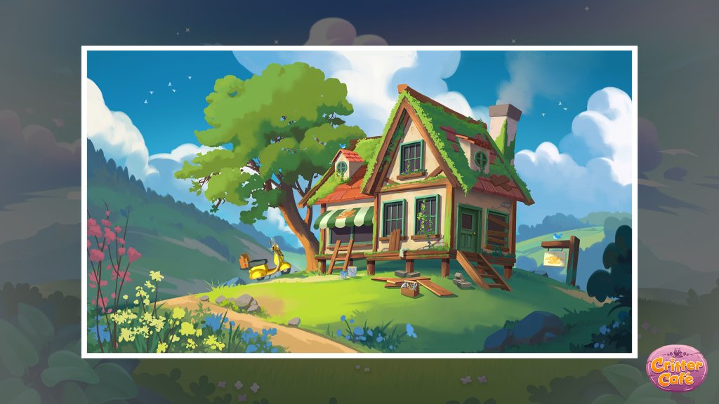 A cartoon building sits atop a hill surrounded by greenery and trees. There's moss growing on the roof and it's fallen into a state of disrepair. A sign out front shows a tea cup image and the sun shines in the background.