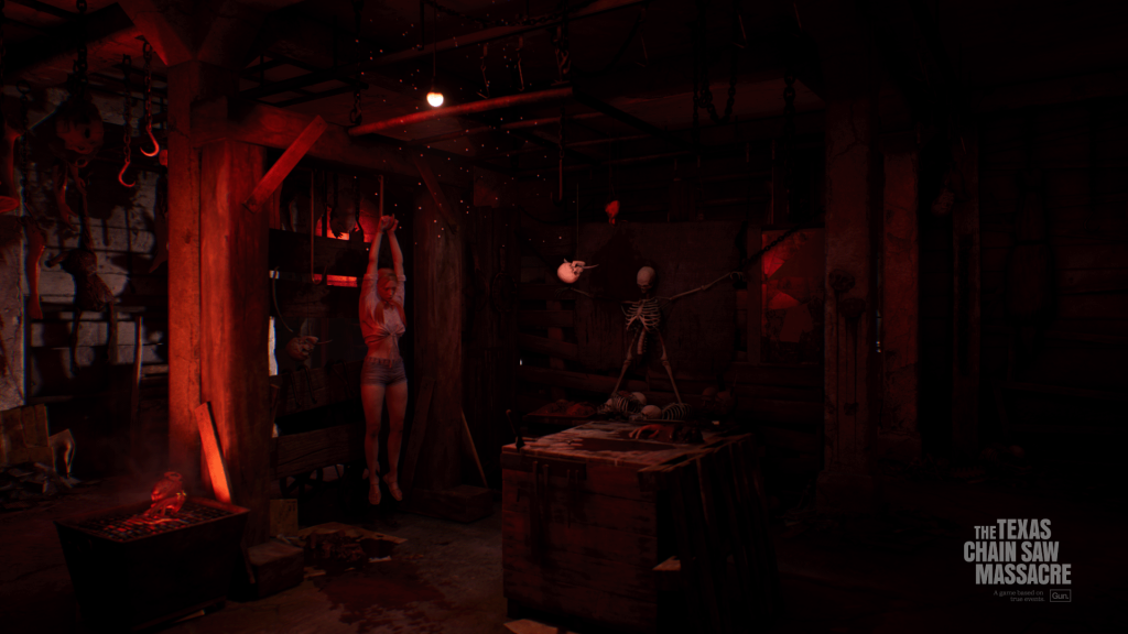 In a dimly lit room, a victim finds themselves suspended from the ceiling by their wrists. Around them, a grimy basement with a skeleton and other gory remains.