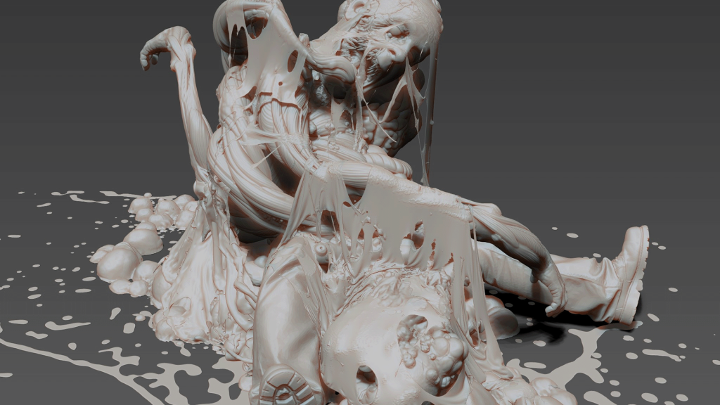 A greybox image from behind the scenes of Still Wakes the Deep. In a texture that looks like clay is the form of a man who has been transformed by 'the horror'. His limbs seem to have been stretched and misplaced and his teeth appear sharp and monster-like.