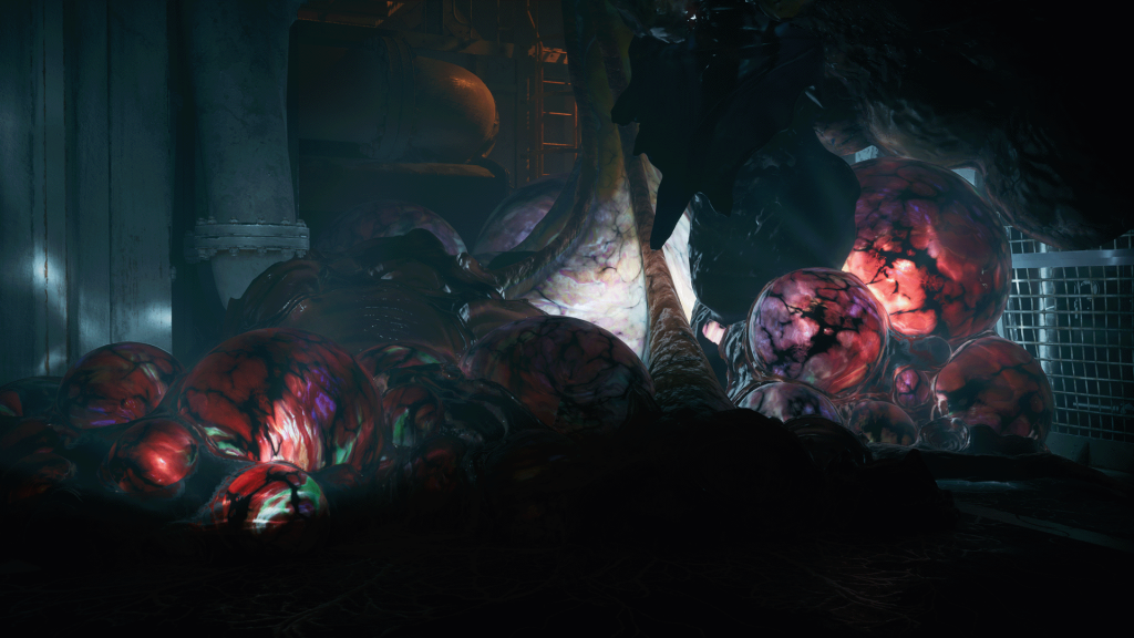 An in-game screenshot from Still Wakes the Deep. A fleshy mass protrudes from the wall and displays a dazzling array of colours including reds, oranges and pinks.
