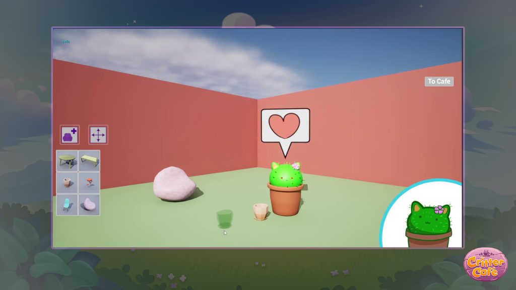 A screenshot from early development of Critter Cafe. Shows a basic background with a cute, cartoon cat/cactus hybrid creature in a terracotta pot with a pink flower tucked behind their ear.