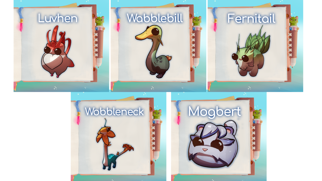 A collage image of Critters from Critter Cafe - there are five of them called Mogbert, Luvhen, Wabblebill, Fernitail and Wobbleneck. They are cartoon in style with big, round eyes. So cute!