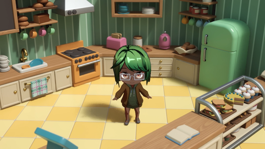 A screenshot from Critter Cafe. In the centre of a cute cafe stands a character with bright green hair in a ponytail, cute glasses and a hoodie dress.