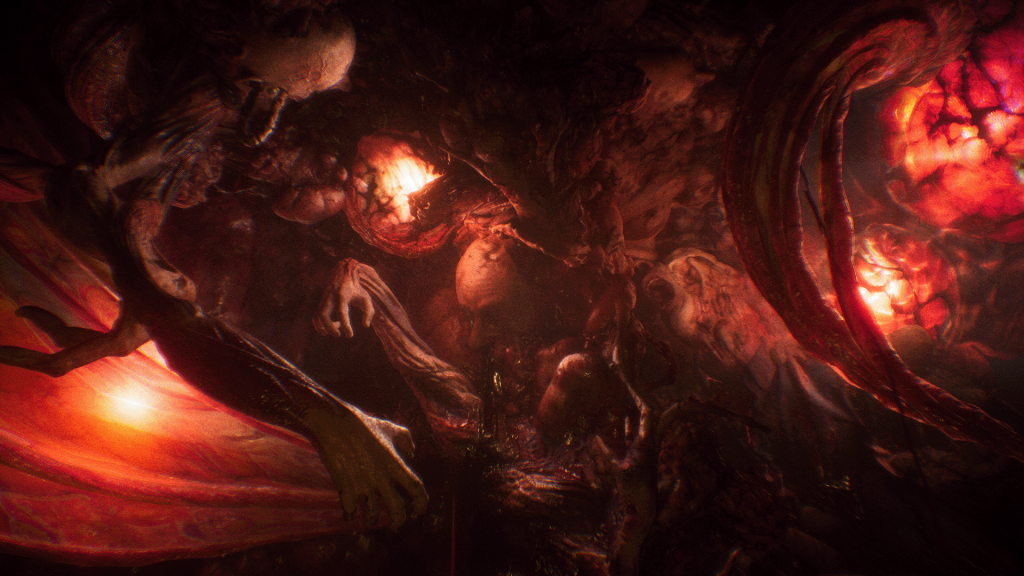 A screenshot from Still Wakes the Deep. Illuminated in red, the remnants of crew members are congealed together in a fleshy mess.