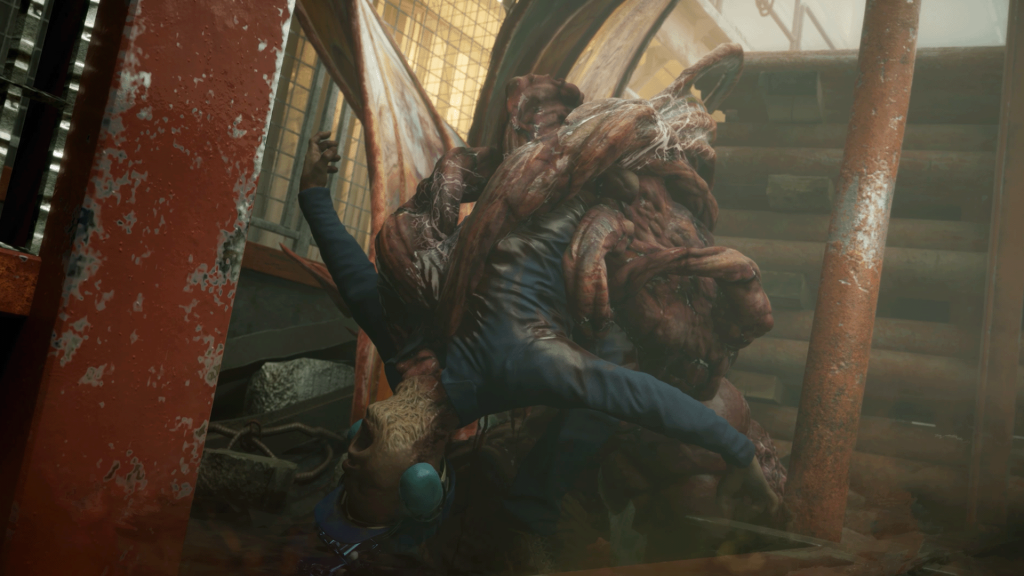 An in-game screenshot from Still Wakes the Deep. A member of the onboard crew is contorted into something new by a fleshy, unknown entity. They lurch backwards as if they were in pain when the 'thing' attacked.