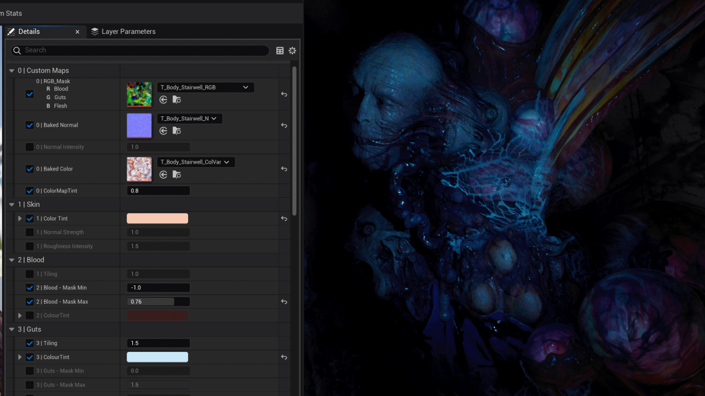 A behind the scenes image of Still Wakes the Deep. On the right hand side is some of the gore and graphics in the game - this time featuring a fleshy mess which was once a human being. On the left hand is the custom shader used to change the colours, definition and depth.