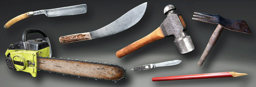 An image showing all the weapons used in The Texas Chain Saw Massacre game - including a chain saw, hammers, knives and a broom handle.