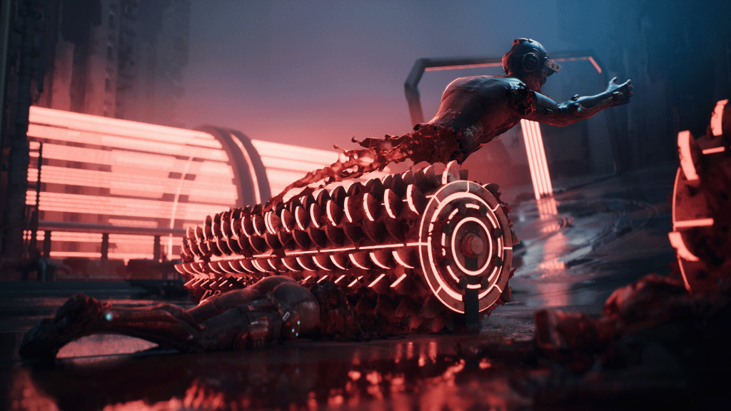 A screenshot from DEATHSPRINT 66. A racer clone meets a grisly end in an encounter with a grinder as their torso flies forwards and their legs stay behind.