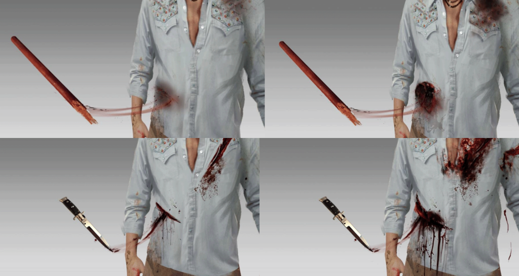 Four images which show a character being whacked by a weapon. On the top are the wound impact of one hit from a sharp broom handle vs multiple, and the bottom is the impact of a single knife swipe vs multiple.