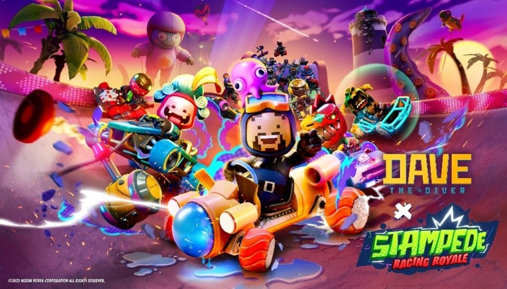 An image packed with colourful characters in brightly coloured karts all facing the camera and cheering. In the centre, Dave the Diver - a cheery guy with brown hair and a beard is cheering. In the corner, it reads Stampede: Racing Royale X Dave the Diver.