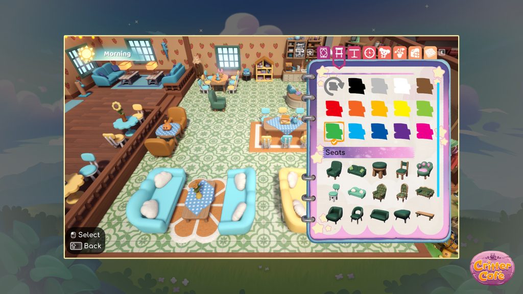 An in-game screenshot for Critter Cafe. In a selection menu, the cafe is visible in the background as the player is choosing new seating and colours to shake-up the aesthetic. The current design features blue tables and chairs, a green patterned carpet and yellow sofas.