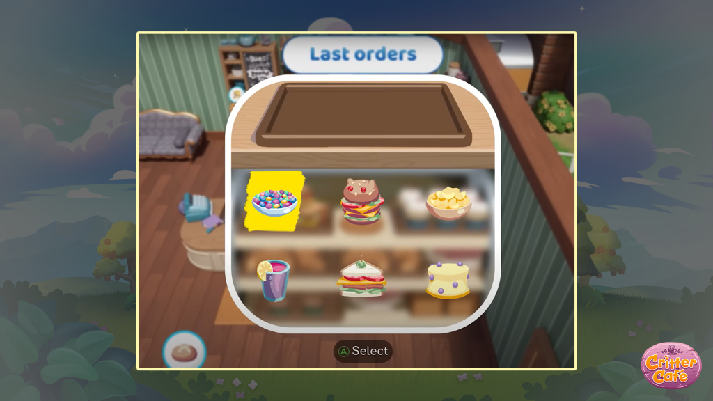 An in-game screenshot from Critter Cafe. In the background the cafe can be seen and highlighted at the front - a bakery case. The game seems to be asking the player to use from different items including a critter-shaped burger, a cold drink and a muffin.
