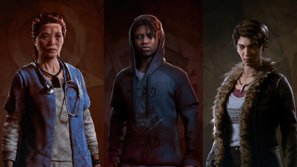 Three character portraits side by side. The first is an elderly character in scrubs with a stethoscope around their neck and a scar on their face. The second is a young person in a black hoodie. The final is a middle-aged character in a fur coat with short brown hair.