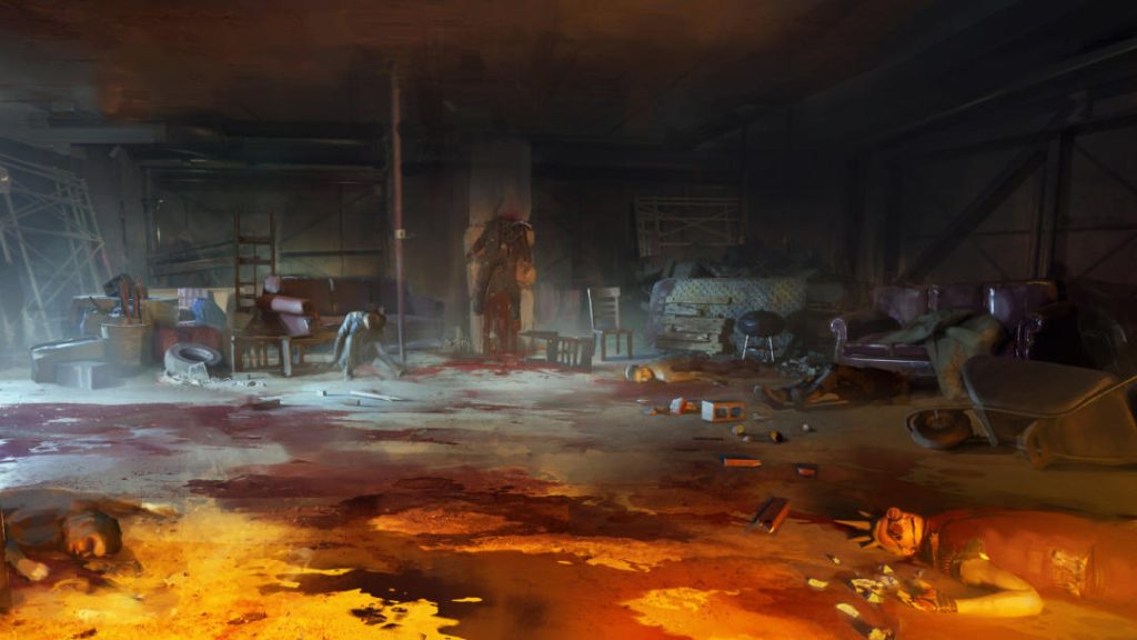 An in-game screenshot from Bloodlines 2. In a room that looks like an abandoned warehouse littered with old furniture lay four bodies. The foreground is illuminated in orange as if someone had opened a door to this horrid scene.