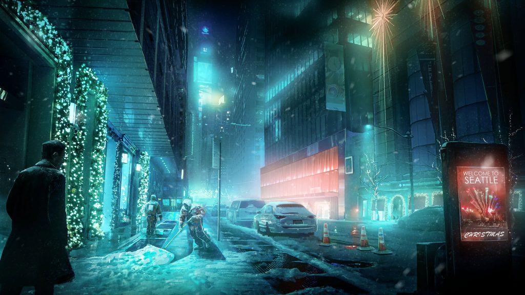 Concept art for Bloodlines 2. A snowy Seattle street is illuminated by blue and red neon lights. In the foreground, a character walks away from the camera and a street sign reads 'Welcome to Seattle' with a poster of fireworks going off over the city.