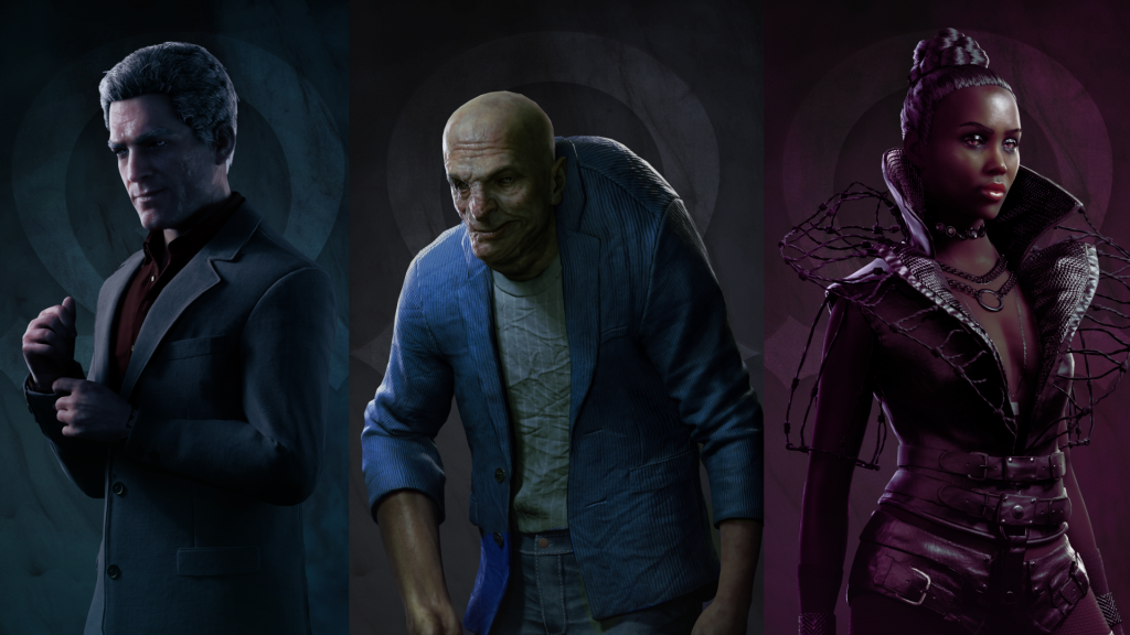 Three character portraits side by side. The first is middle-aged but greying and adjusts their jacket sleeve. The second is a character with a hunched back - called in the game a 'nosferatu'. The final is a majestic-looking character who wears all leather in purple.