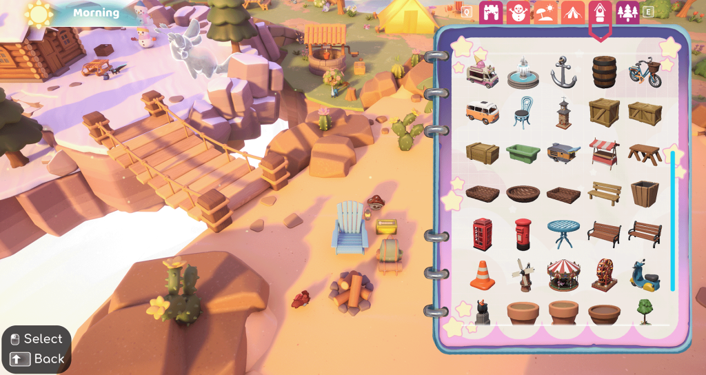 A screenshot from Critter Café. The player has opened a menu which shows furniture items they can place in the world. The rest of the screen shows a sunlit world.