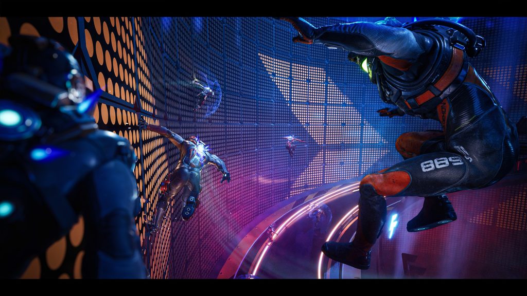 A screenshot from DEATHSPRINT 66. Clones are mid-race on a neon track - some of them are wall-running and others are in the middle of a dynamic jump.