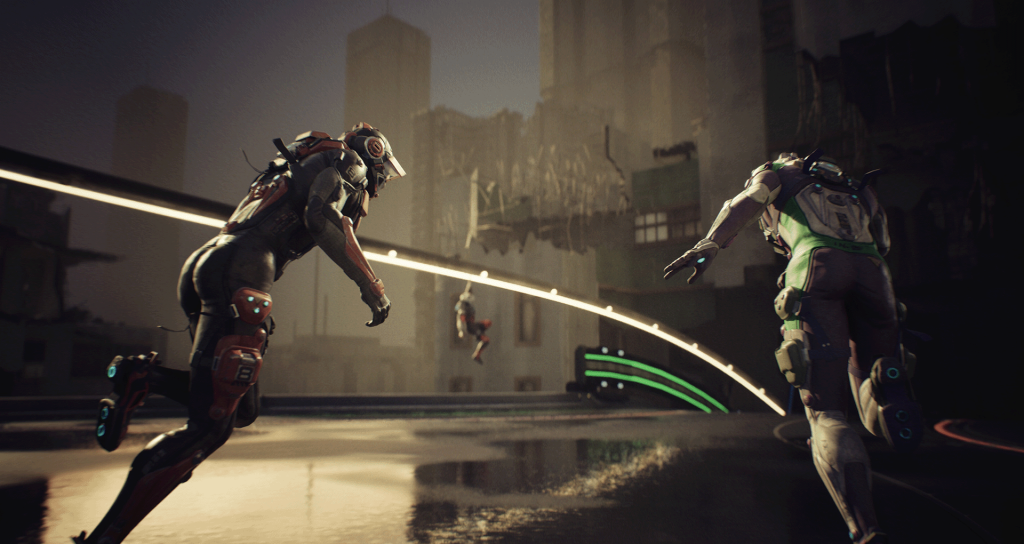 An image from DEATHSPRINT 66. Clone racers go about their challenge on a race track that sits above a forgotten city left to dust and ruin.