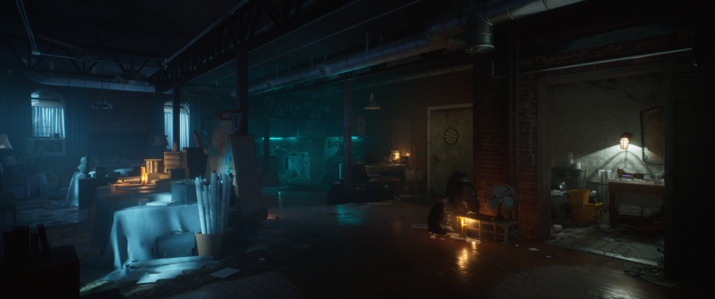 An in-game screenshot for Bloodlines 2. An apartment sits devoid of people but is littered with furniture partly covered by sheets, maps of the city both spread out and rolled up in boxes. It is dimly lit.