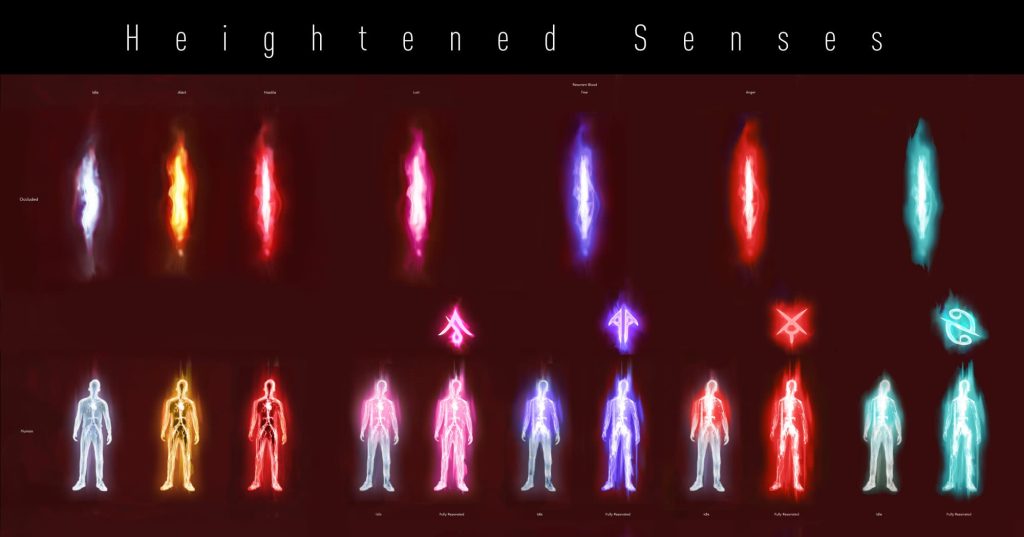An image showcasing how humans' emotional states will appear to Vampiric senses. Humanoid silhouettes stand in a line and are multi-coloured to show their feelings, including pink for lust, red for anger and purple for fear.