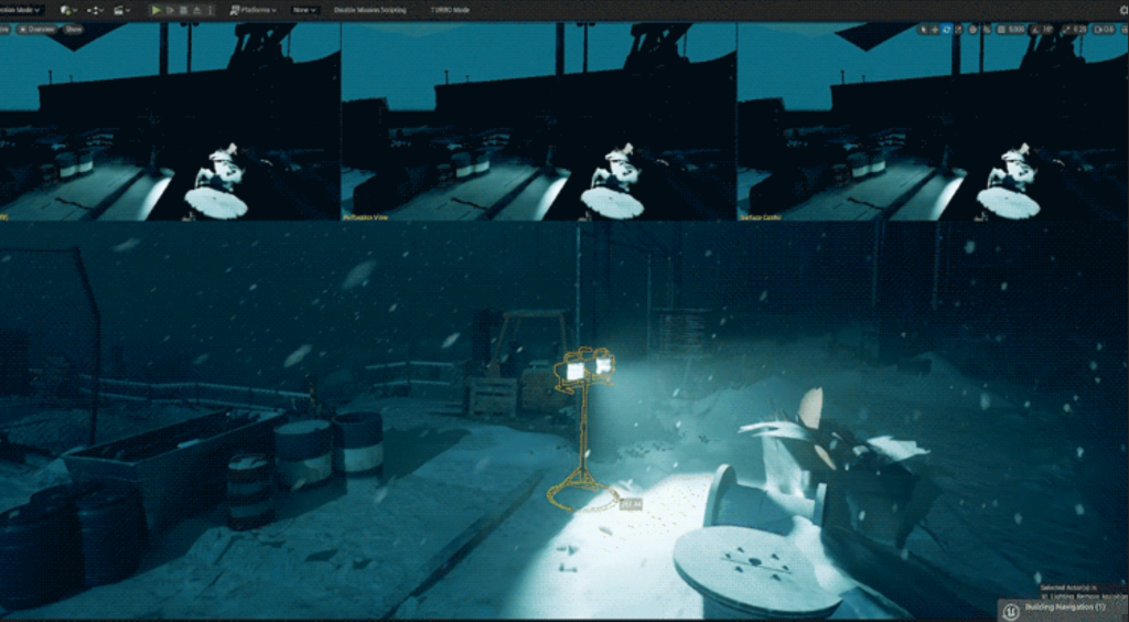 An image which shows the lighting system in Bloodlines 2 in action. Upon a snowy scene, a light spins round and illuminates the scenery.