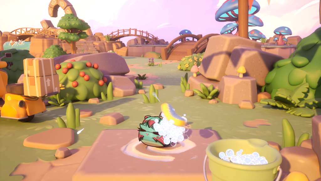 An in-game screenshot from Critter Café. A cute, round lil Critter is in the middle of the screen and is half way through having a bath.