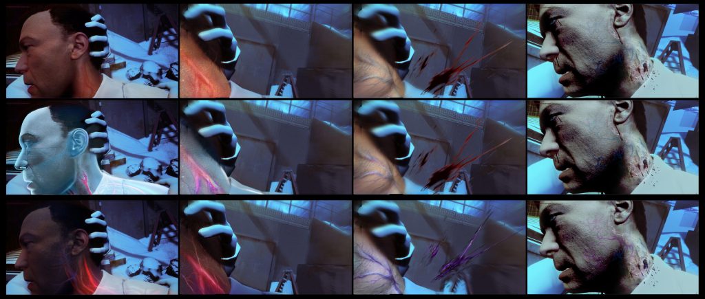 Three rows of images which show a first person view of a Vampire biting a man and drawing blood. Each row shows blood of a different colour - including red, deep red and purple, and shows the process of pre-bite, during-bite, post-bite and blood splatter and then after the bite.