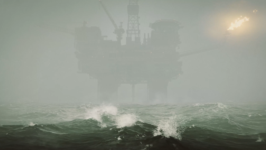 A screenshot from Still Wakes the Deep. In the middle of the perilous North Sea, an oil rig is barely visible through the fog.